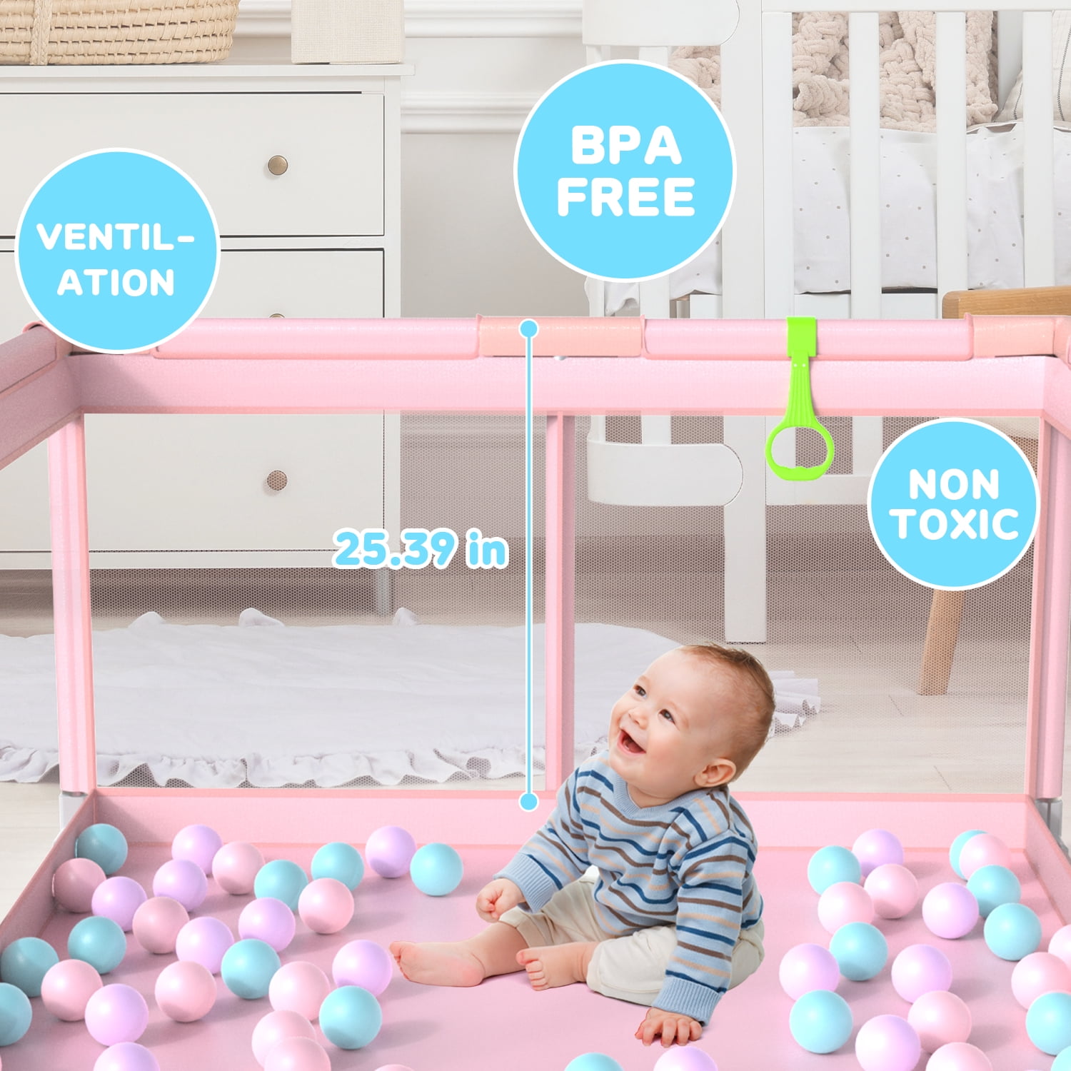 JoyStone Baby Playpen, 50 x 50 in, Non-Slip Base, Soft Mesh Sides, 2 Pull-up Rings, Carry Bag, Pink