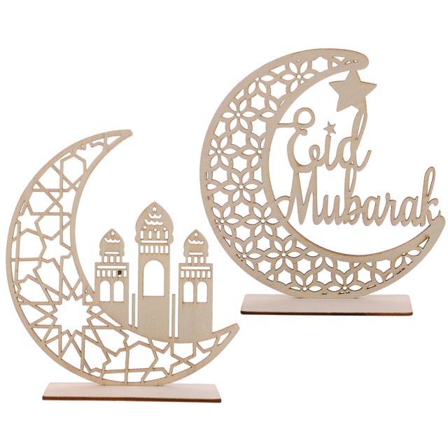 2 piezas de adornos de madera para Ramadán, Eid Mubarak, adornos de mesa de madera con forma de luna para fiestas de Ramadán, Eid Mubarak