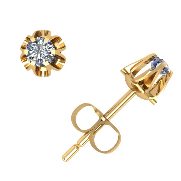 0.10Ct Round Cut Diamond Buttercup Stud Earrings 14k Yellow Gold 6Prong Push Back F VS2