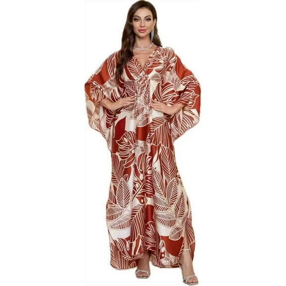 Cfcsrp Caftans for Women Plus size Orange Green Mudan Print Kaftan Dresses Swimsuit Cover up Beach Maxi Loungewear