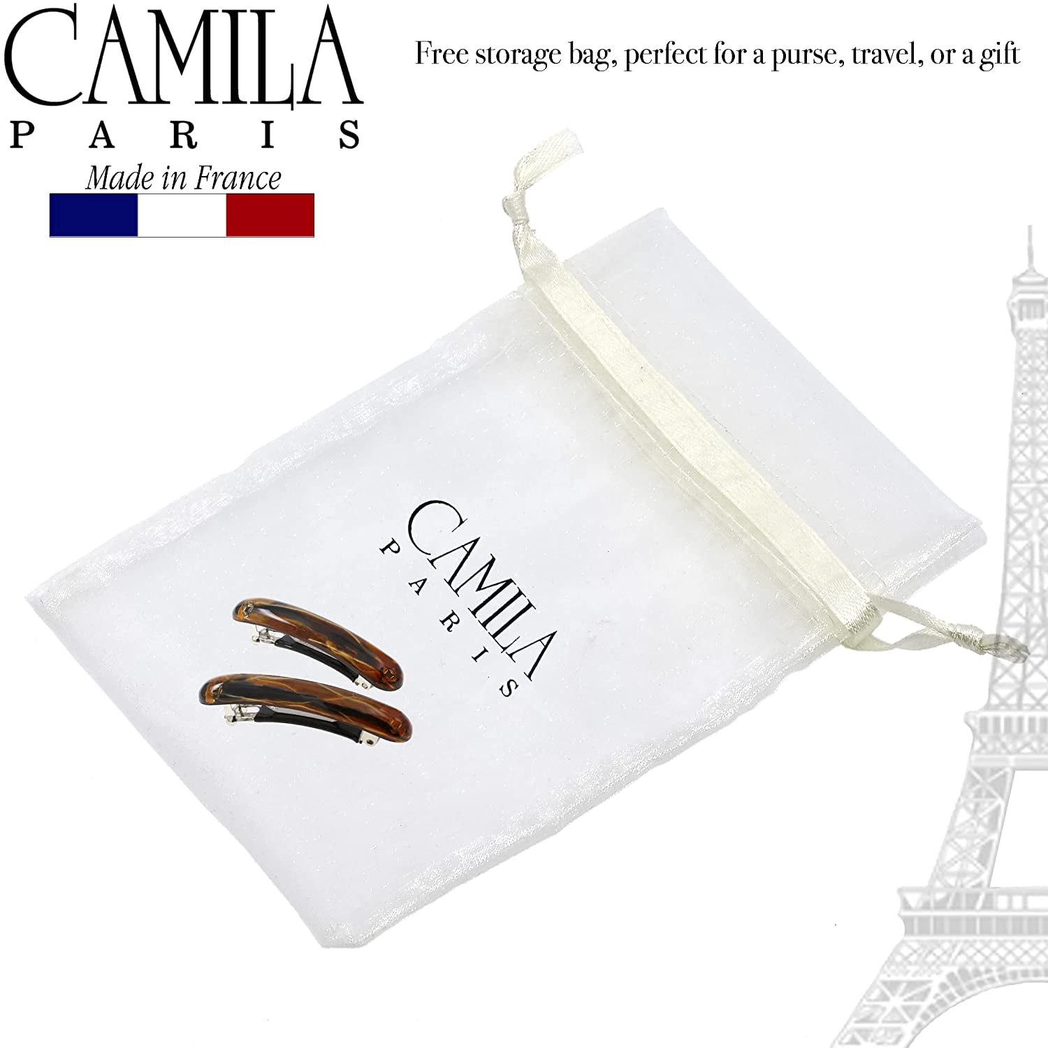 Camila Paris CP3328 French Hair Barrette Clip for Girls, Orange Small Set of 2 Strong Hold Grip Hair Clips for Women, No Slip Rubberized Automatic Clasp Styling Girls Hair Accessories, Made in France