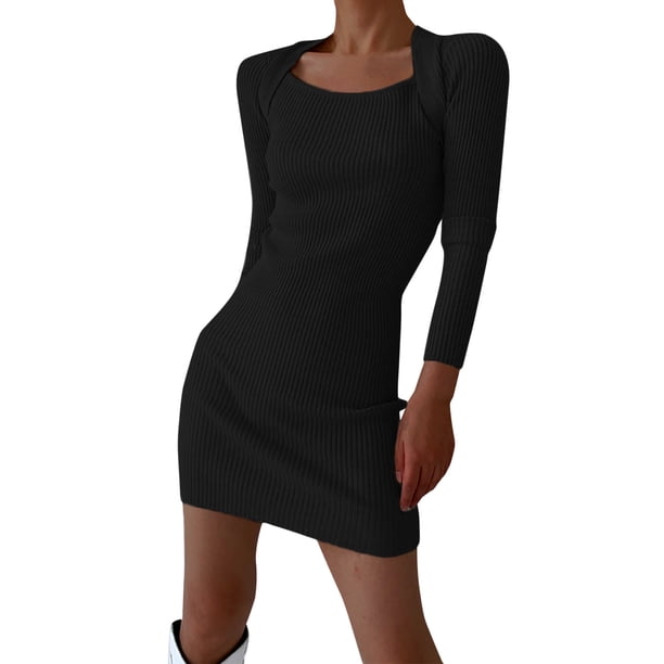 Gibobby Vestido de punto para mujer Vestido de suéter de punto de cuello cuadrado de cadera de paquete delgado de manga larga sexy para mujer(Negro,M)