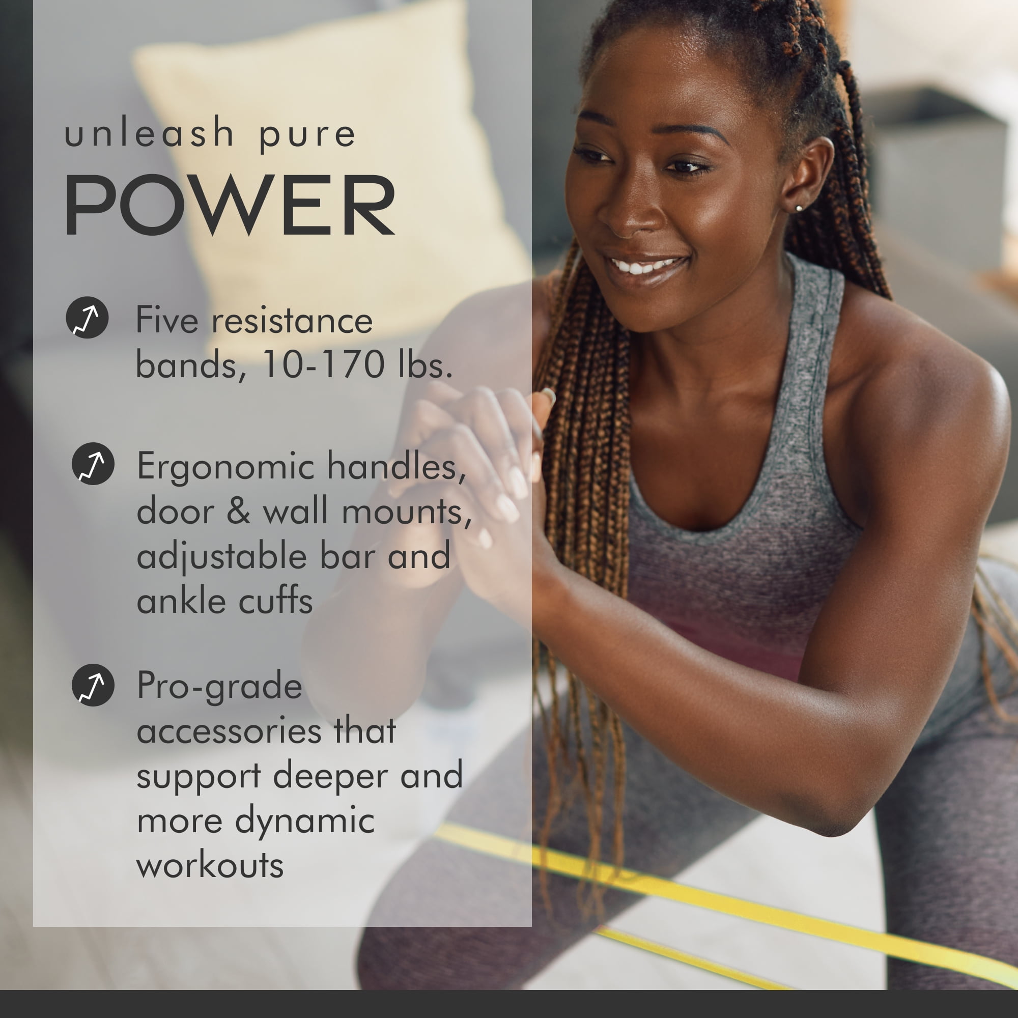 Dr. Mercola Pure Power Resistance Bands - Elite Set, 5 Bands 10-170 lb, 2 Ankle Cuffs, 4 lb. Adjustable Bar.