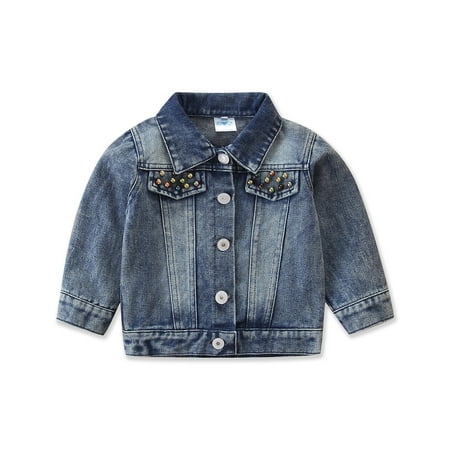 

Toddler Kids Baby Girl Clothes Jacket Denim Coats Blue Denim Sequined Rivet Patchwork Pocket Long Sleeve Single Breasted Outwear