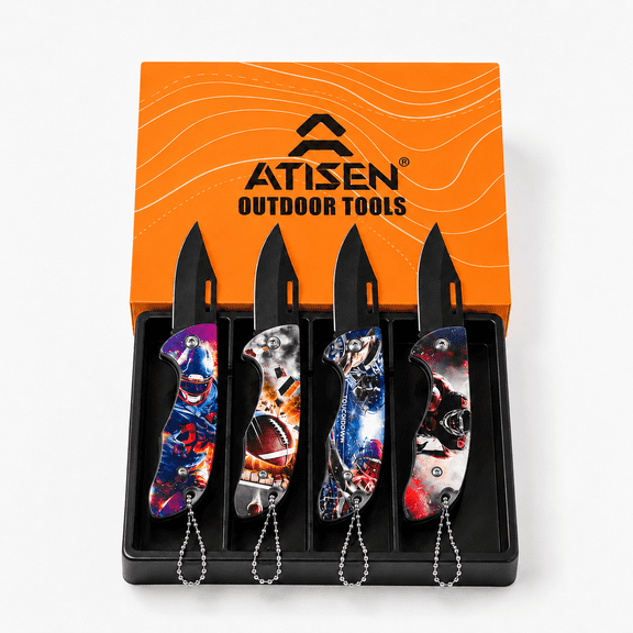 ARISEN 4-Pack Folding Pocket Knife Set, Stainless Steel Outdoor EDC Knives for Camping, Hunting & Survival, Portable Tactical Utility Knife Set, Gift for Men, Football Design