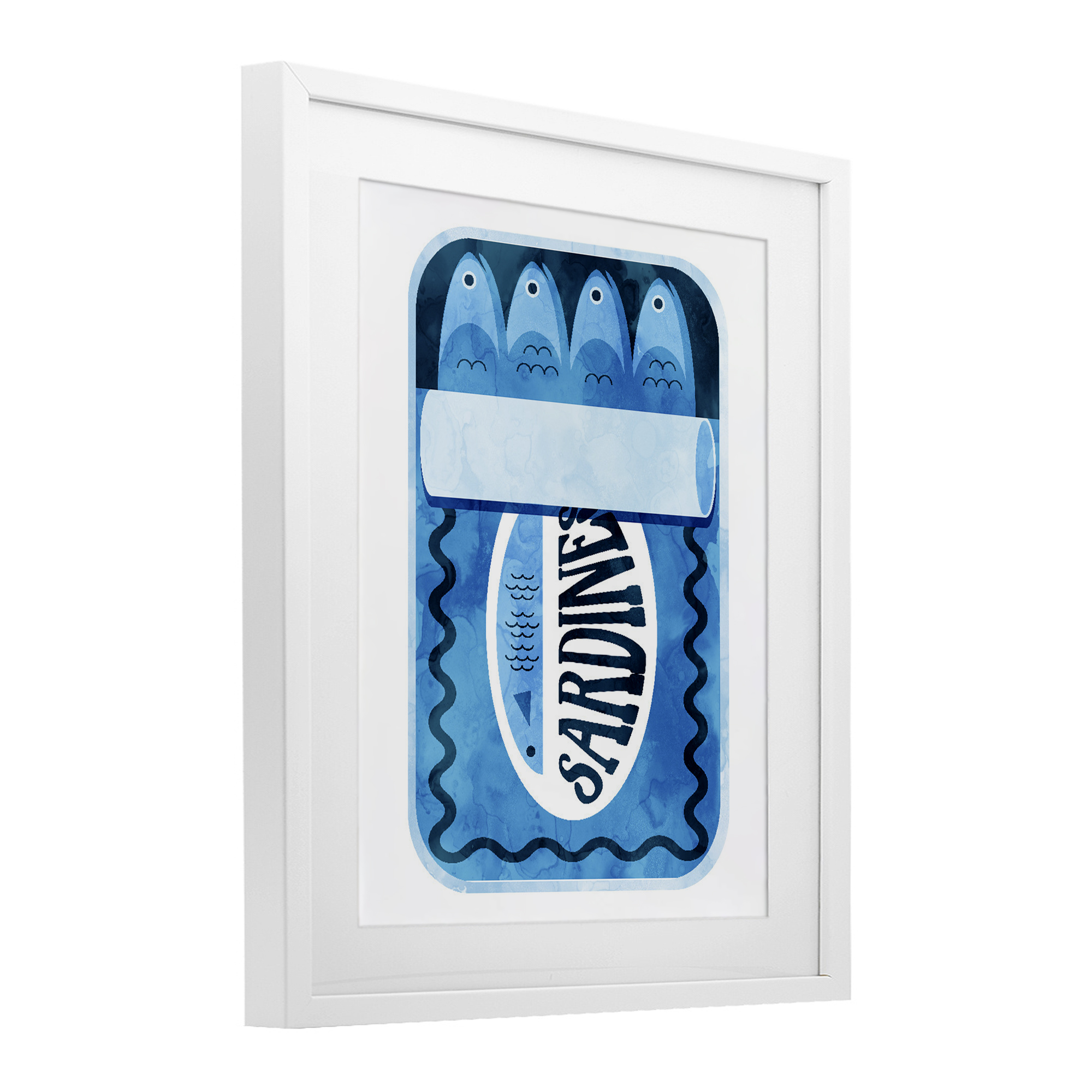 Retro Blue Sardine Tin White Framed Print Under Glass, design by Daphne Polselli