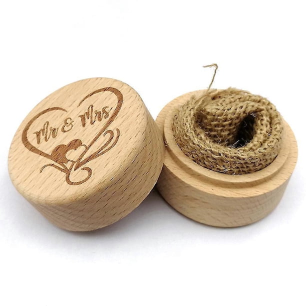 Caja de madera rústica para anillos de boda, grabada, redonda, para guardar anillos de compromiso y exhibir en ceremonias de propuesta.