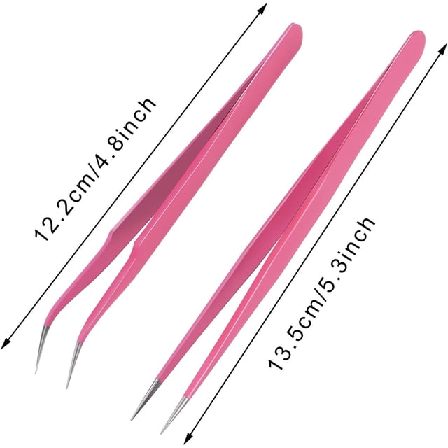 2 pinzas de clip de punta recta y curva para extensiones de pestañas, herramientas de aplicación de pestañas postizas rosas de acero inoxidable