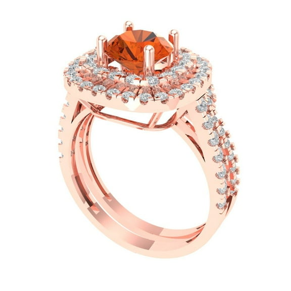 1.8 ct Brilliant Round Cut Red Zircon 14K Rose Gold Halo Solitaire with Accents Engagement Bridal Wedding Ring Band Set size 8