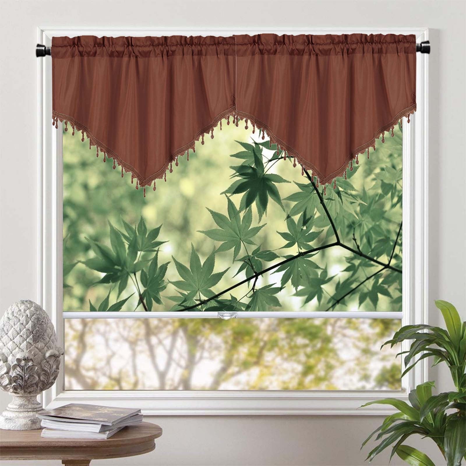 Beaded Triangle Sheer Valance Curtains for Living Room, Rod Pocket Farm Window Valance, Bead Trim Tassel Voile Sheer Curtain Valance for Bedroom Bathroom Cafe