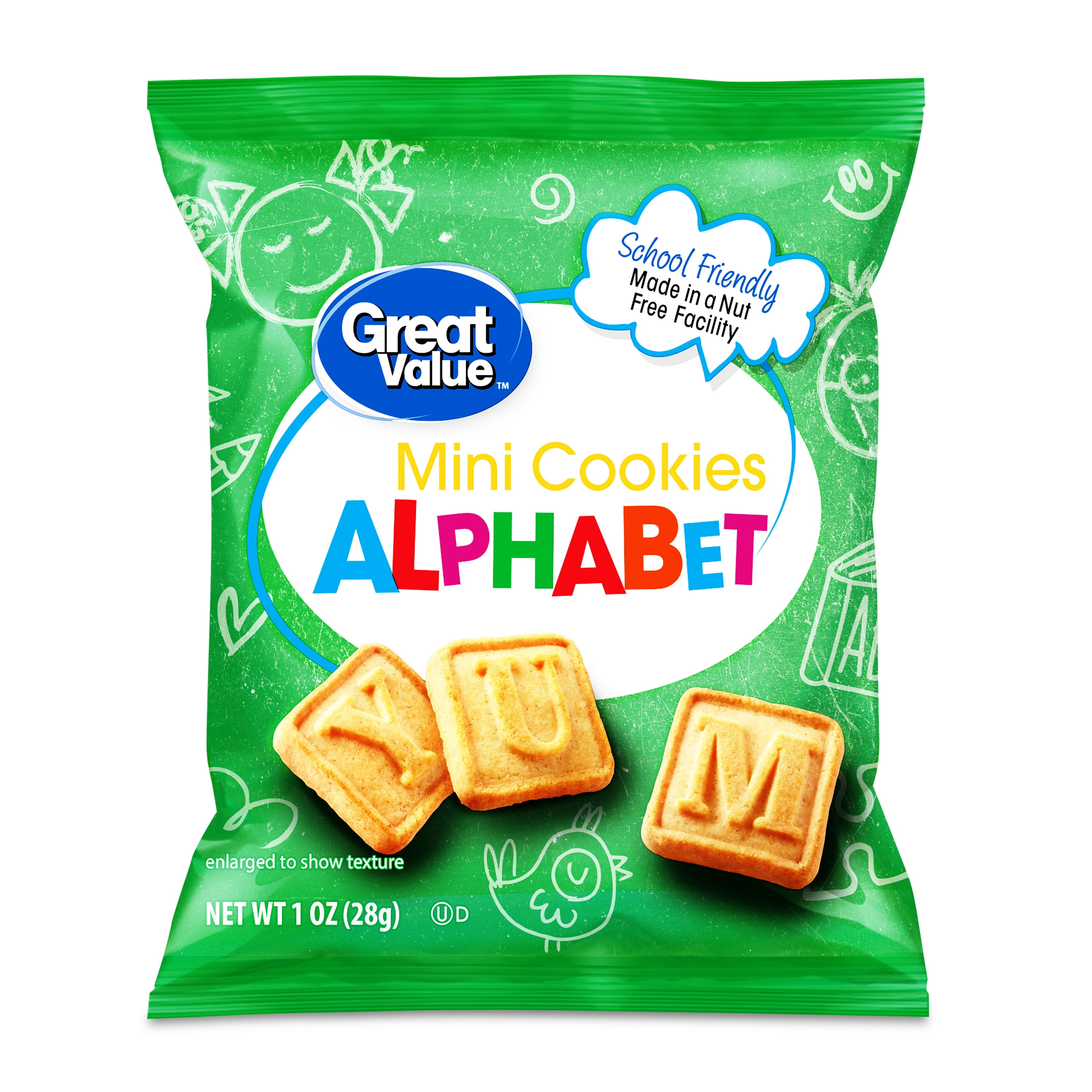 Great Value Mini Alphabet Cookies, 1 oz, 10 Snack Packs