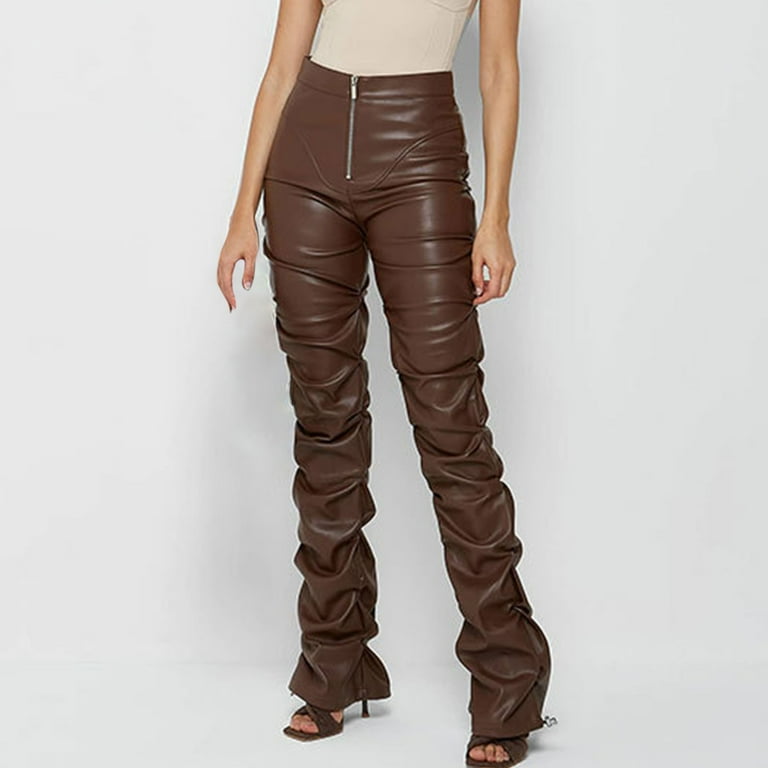 YYDGH High Waist Stacked Pants for Women Faux Leather Ruffle