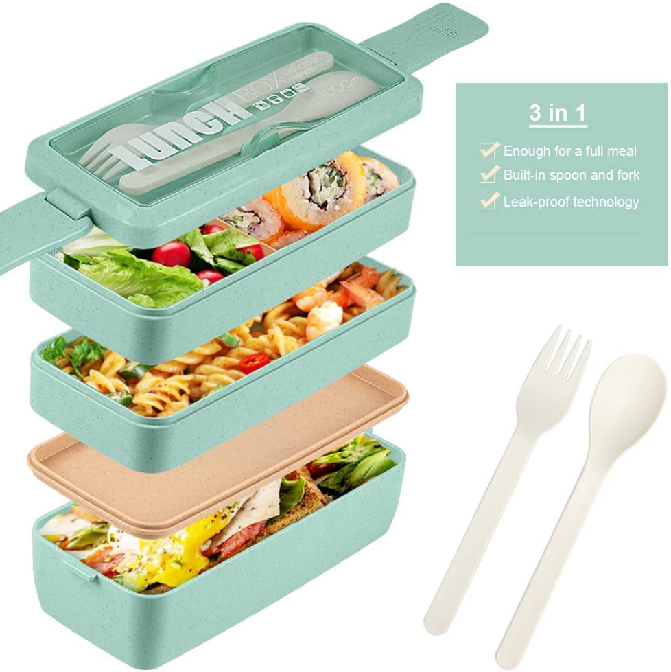 Iteryn Lunch Box Bento Box,3-In-1 Compartment Beige2 Wheat Straw Leakproof Eco-Friendly Bento Lunch Box Meal Prep Containers for Kids & Adults 