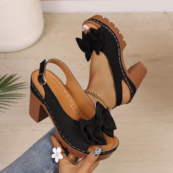 BADHUB Womens Open Toe High Block Heels Sandals with Bow Chunky Heeled Sandals Dressy Casual Comfortable Slingback Dress Shoes Black 38