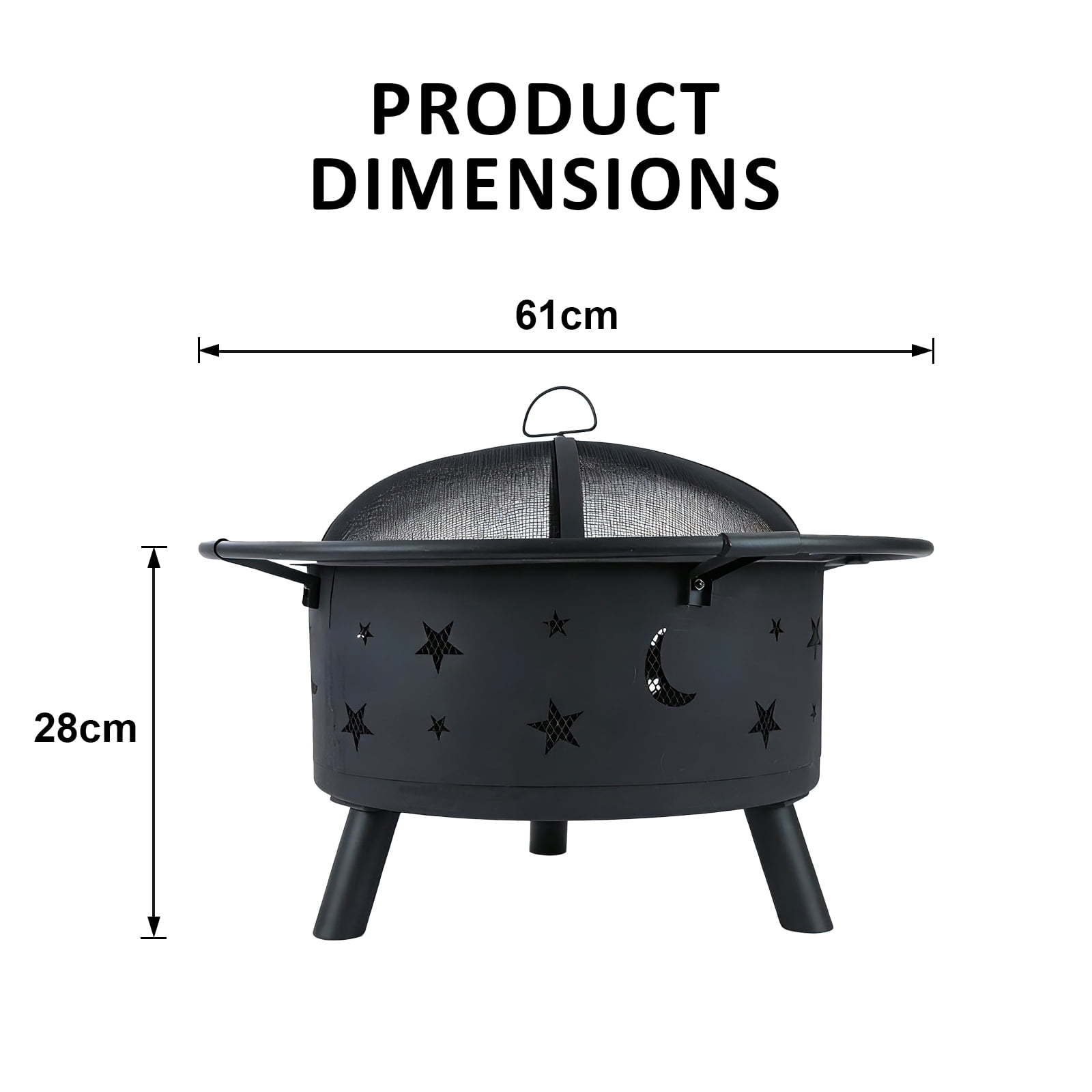 PATIO-IN 24 Inch Outdoor Fire Pit, Star and Moon Cutout Steel Fire Bowl with Mesh Spark Screen, Poker & Grate, Wood Burning Fire Pit for Patio Backyard Camping, Black