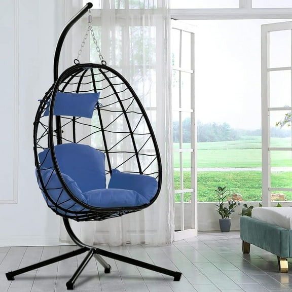 Swing Egg Chair, Wicker Hanging Chair with Stand and Cushion, Heavy Duty Frame, for Indoor/Outdoor, Patio, Poolside, Balcony, Bedroom, 300 lbs Capacity, Navy, D6525