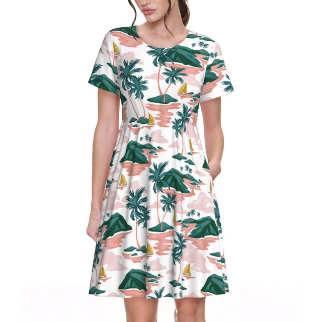 Disketp Hawaii Palms para Vestido de Manga Corta para Mujeres, Vestidos de Verano para Mujeres, Casual y Holgado para la Playa