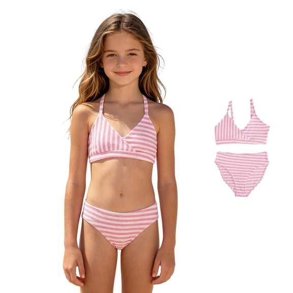 XINXIAOO Girls Halter V Neck Bikini Two Piece Swimsuit Pink White Stripe Quick Dry Bathing Suit Summer Swimwear for Kids Girls 13-14 Years