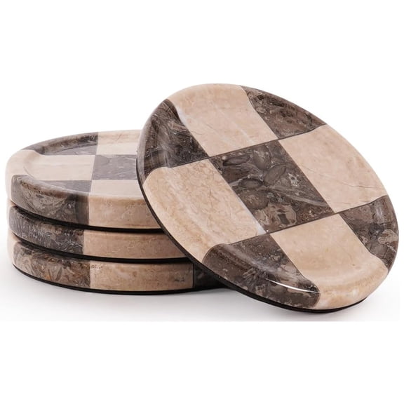 Elborse Marble Coasters for Drink Set of 4 Handmade 4 inch Oceanic and Verona Round Checkered Coasters for Drinks, Ideal Coaster Set for Home and Kitchen Table Décor