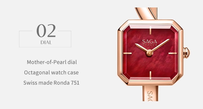 Watches for Women SAGA Light of Venice Swiss Ronda Quartz Bracelet Watch, Red Dial, Square Case, Stainless Steel, Silver Tone, Gift for Women