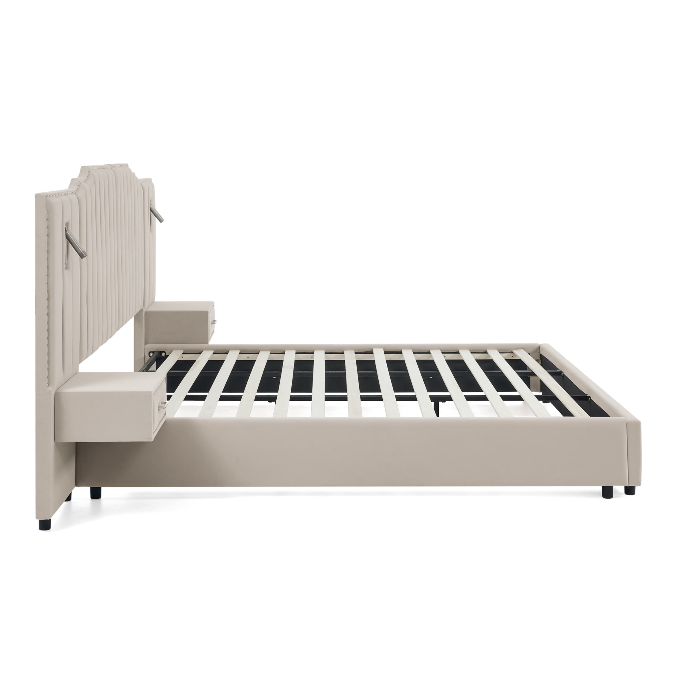 Noble House Neville 118" King Size Upholstered Bed Frame, Velvet Vertical Stripe Platform Bed with Lights, Beige