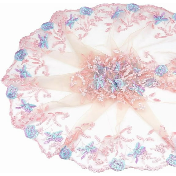 3 Yards Embroidered Tulle Lace Trim 13 Inch Floral Embroidered Mesh Lace Fabric Sewing Lace Trim for DIY Craft Wedding Dress Curtains Home Decoration Pink