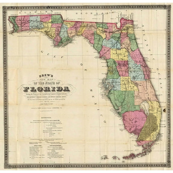 24x24in Florida vintage map 1870 【Photo Paper】