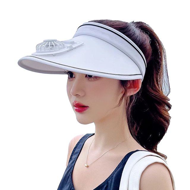 Sombreros de visera con ventilador Viseras de protección solar de área grande para mujeres y niños Sombrero de visera de ventilador recargable USB ajustable Blanco