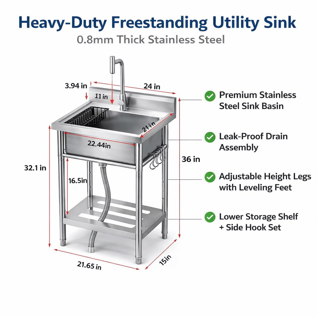 Kicctian Stainless Steel Utility Sink, 24'' × 21'' × 36'' Freestanding Stainless Steel Single Bowl Laundry Sink with T Shape Faucet for Kitchen, Bathroom, Garage or Basement