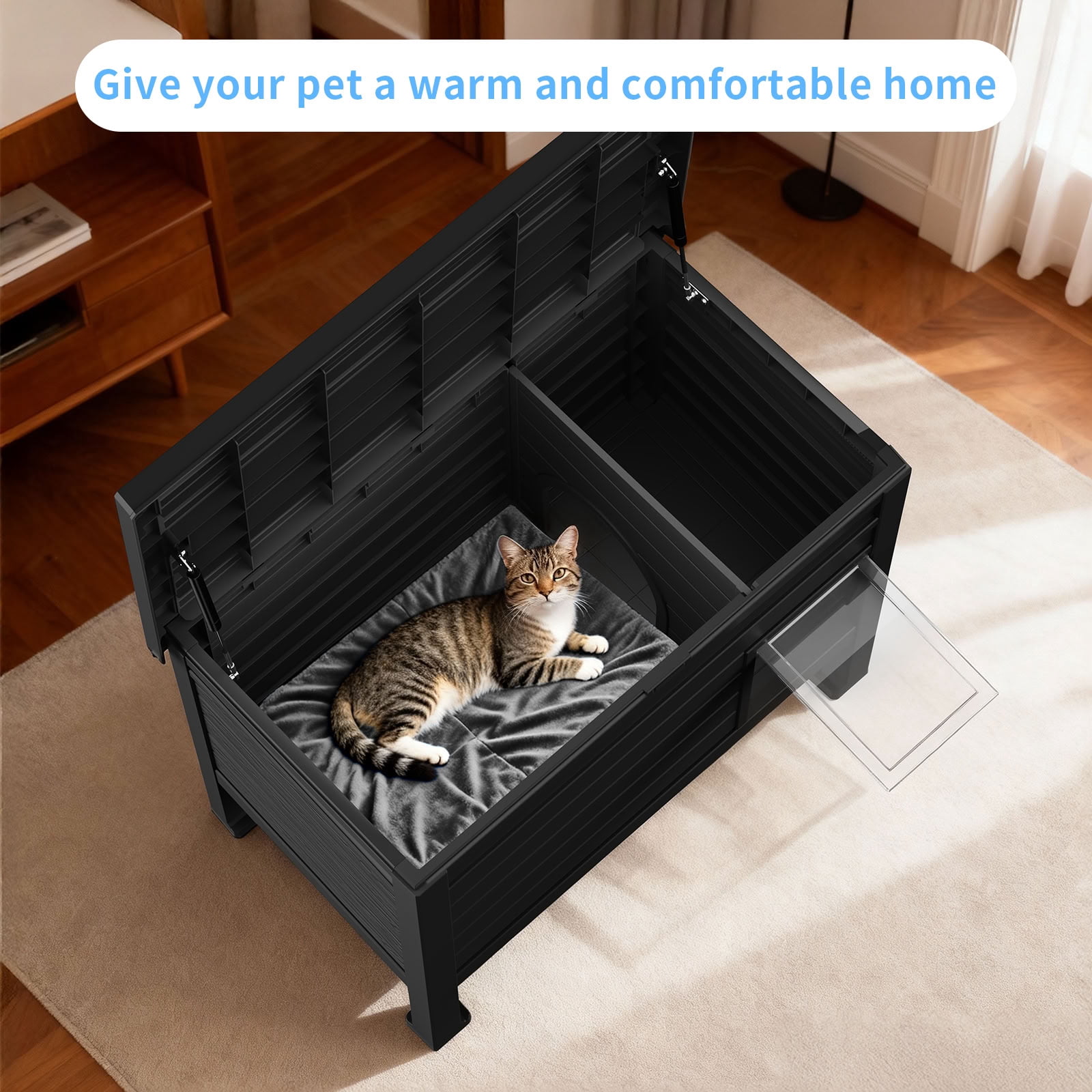 MAYEERTY Heated Indoor & Outdoor Cat House, Heavy-Duty Gas Spring Lid Pet Retreat with Removable Heating Pad