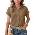 thumbnail image 5 of Girls Linen Shirts Short Sleeve Button Down Collared Dress Shirt for Teen Summer Plain Lightweight Breathable Lapel Tops,Light Brown,12-13 Years, 5 of 6