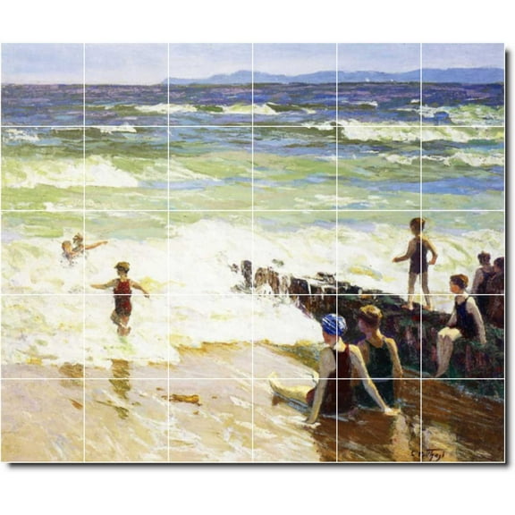 Ceramic Tile Mural-Edward Potthast Waterfront Painting 139. 25.5" w x 21.25" h using (30) 4.25 x 4.25 ceramic tiles