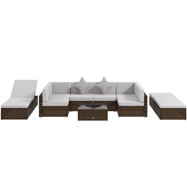 9 Piece Wicker Patio Furniture Set with Light Grey Cushions, Modular PE Rattan Sectional Sofa with Adjustable Loungers and Glass Top Table for Backyard, Garden and Porch