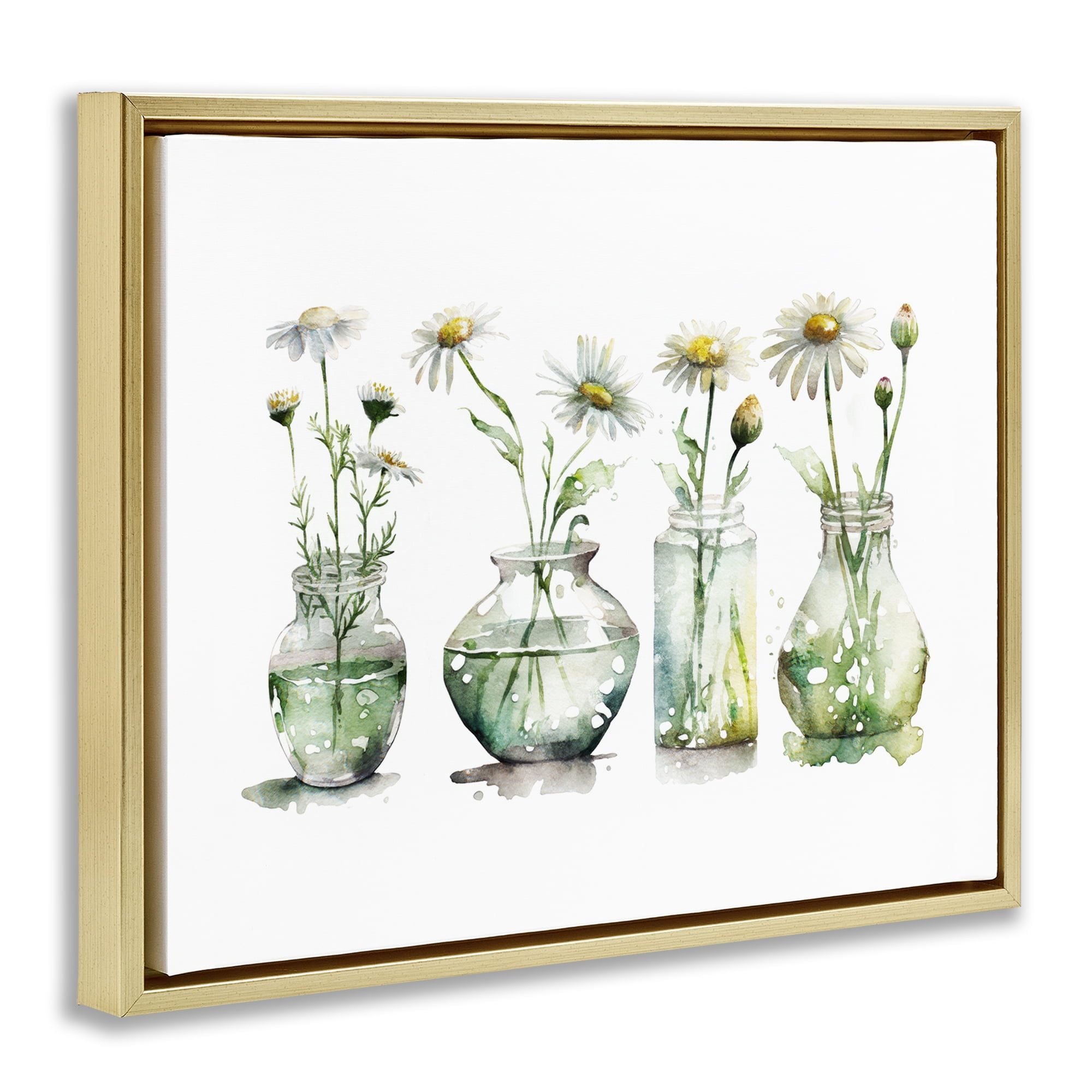 Stupell Industries Glass Vases Daisies Plants & Flowers Painting Gold Floater Framed Canvas Art Print Wall Art, 31 x 25