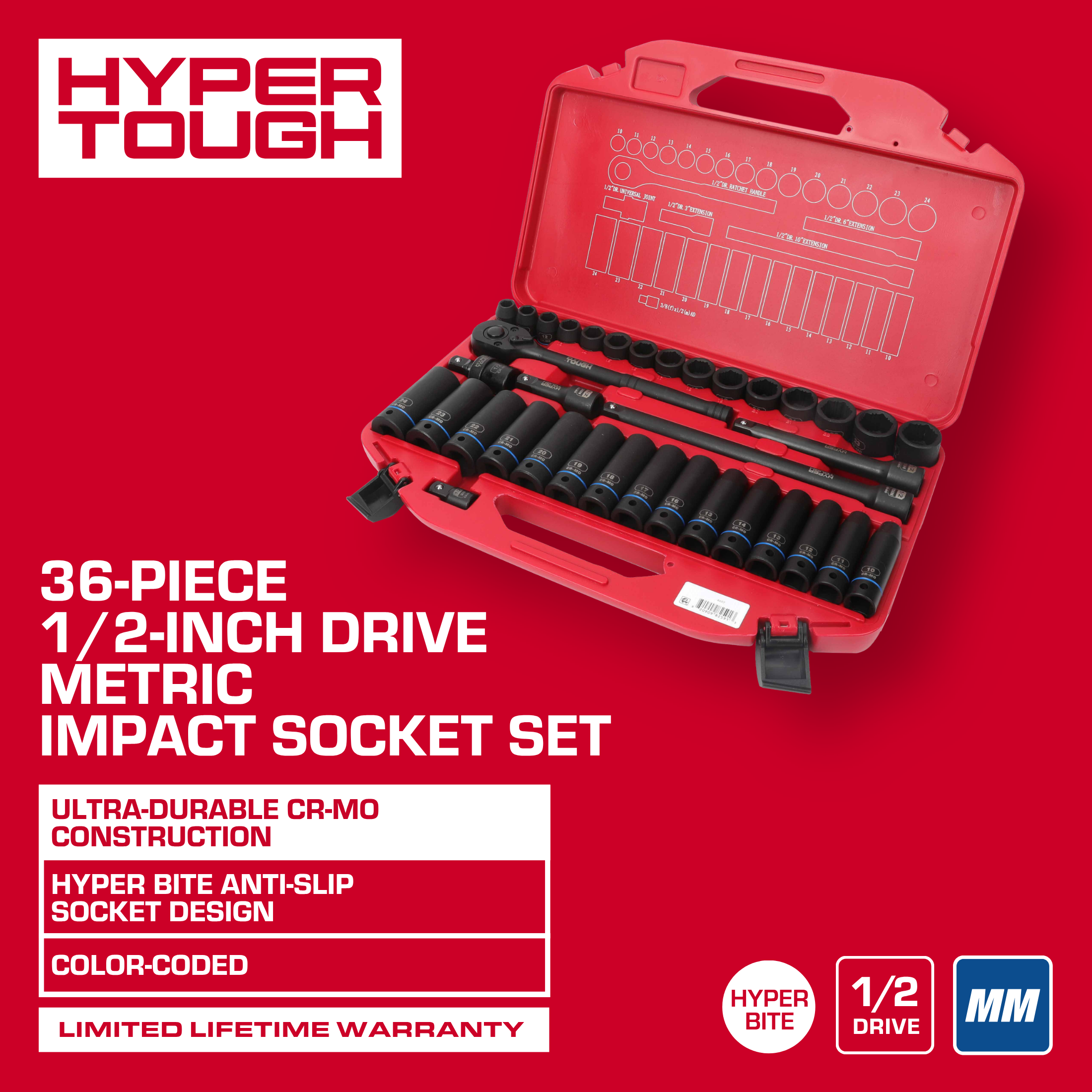 Hyper Tough 36-Piece 1/2-Inch Drive Metric Impact Socket Set photo 3