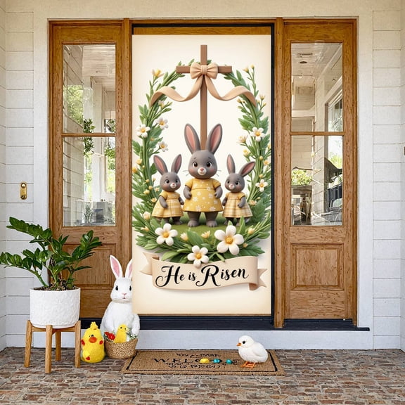 Bunny Design Easter Welcome Banner Colorful Eggs Bunny Backdrop Cute Chick Spring Flowers Easter Display for Easter Party Spring Gathering Photo Booth