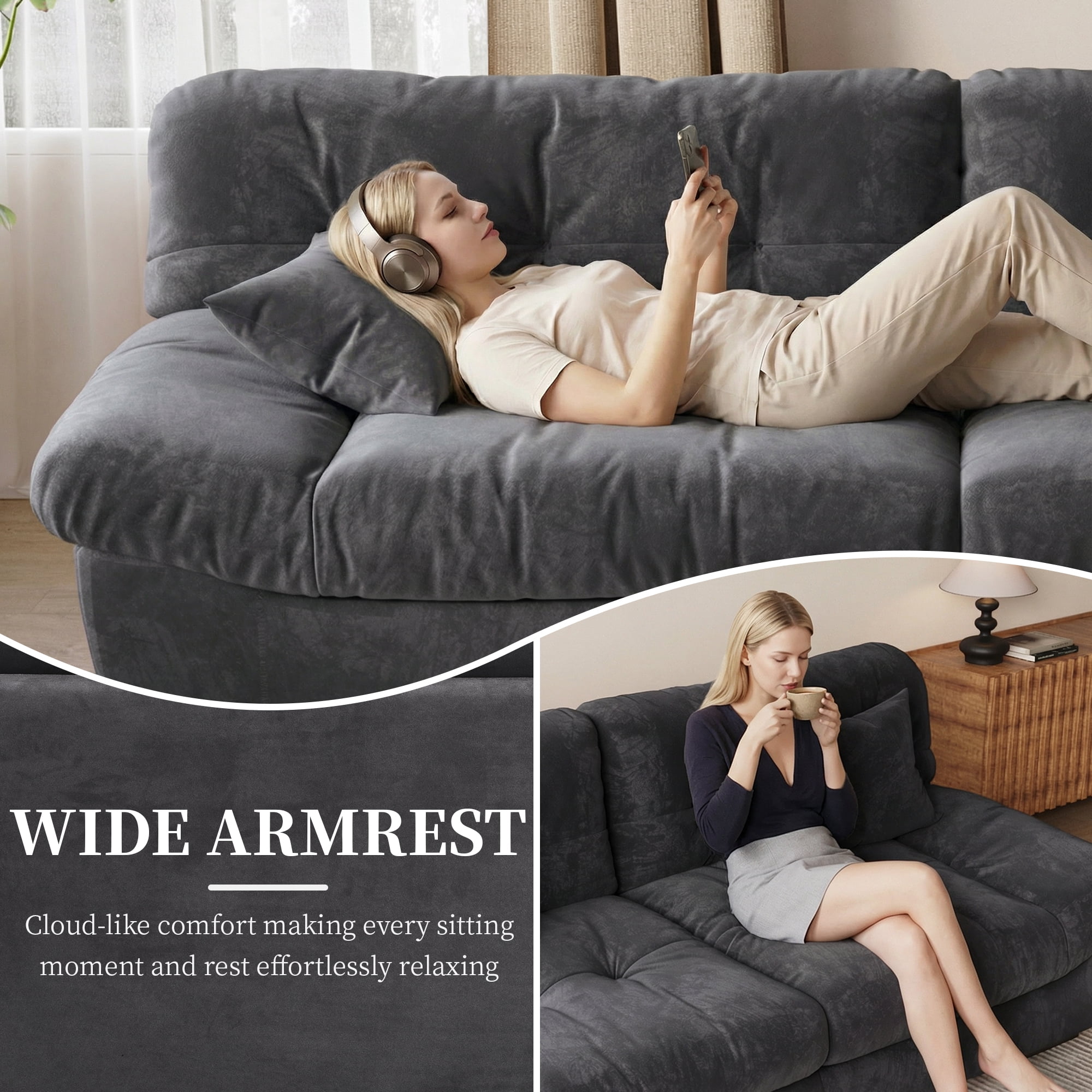Magic Home 89" Cloud Sofa,Modern Velvet Couch,3-Seat Sofa for Living Room,Apartment and Small Space,Gray