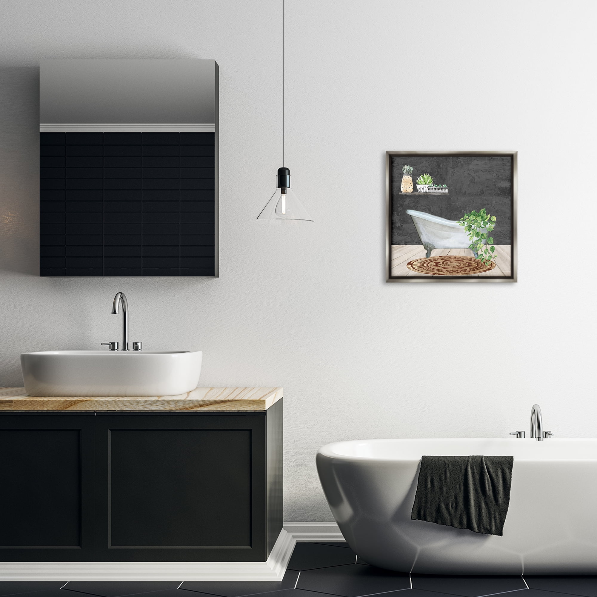 Stupell Industries Botanical Bathtub Scene Bath & Laundry Painting Gray Floater Framed Canvas Art Print Wall Art, 18 x 18