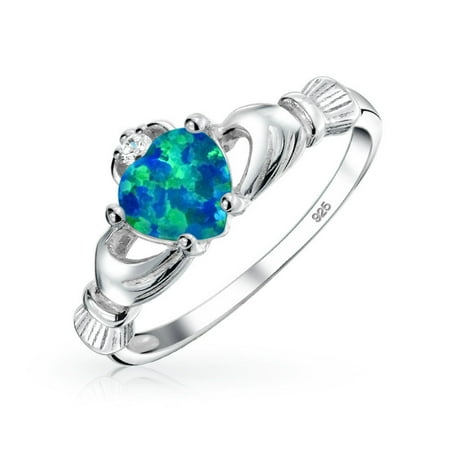 Birthstone Rings For Couples BFF Celtic Irish Friendship Couples Promise Blue Created Opal Claddagh Ring For Teen For Women October Birthstone ()