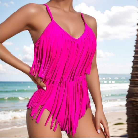 Xdegoge One Piece Swimsuits for Women V Neck Spaghetti Straps High Cut Bottom Monokini Bathing Suits Smooth Fringe Tassel Details Flattering Pool Party