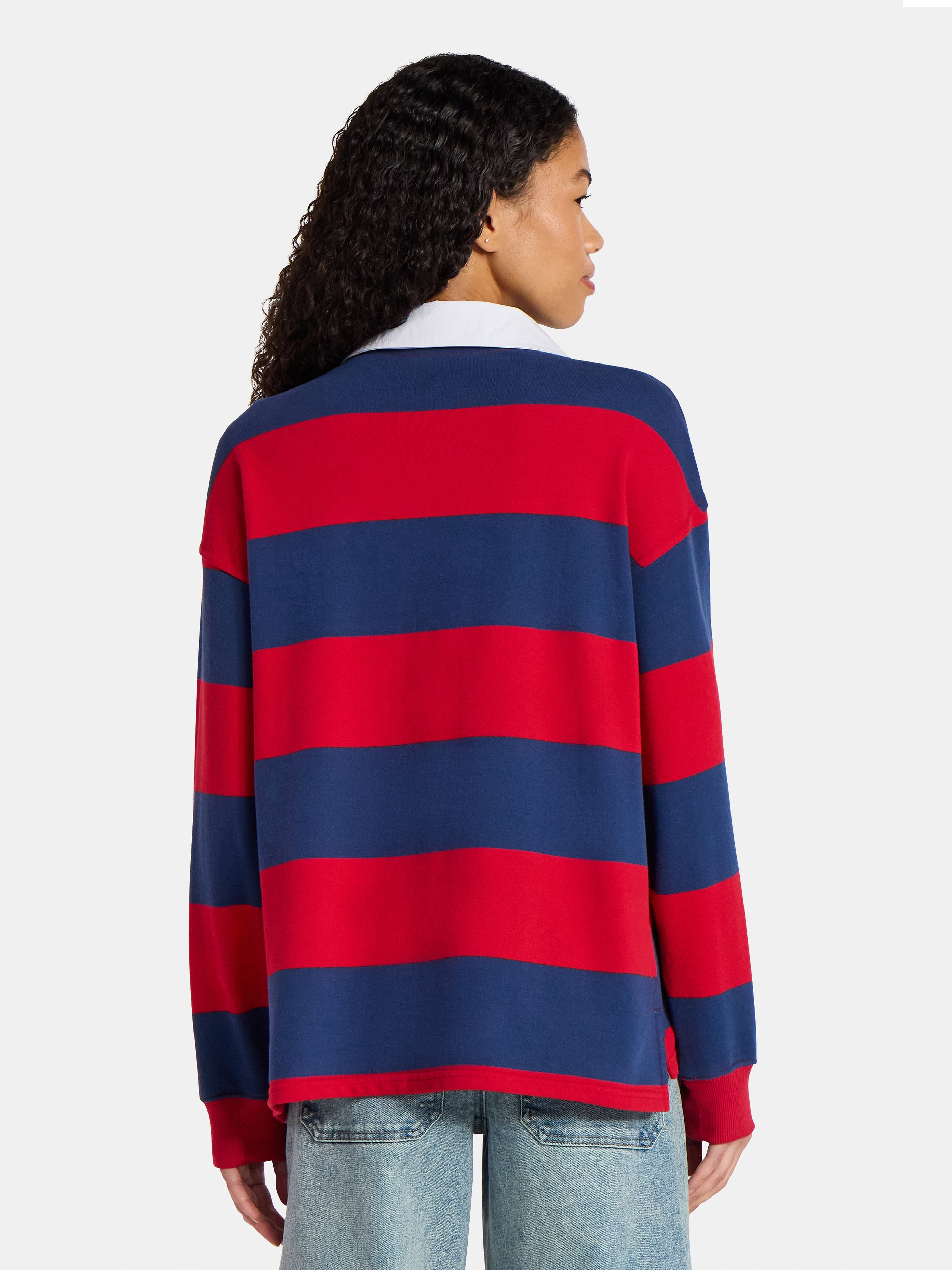 No Boundaries French Terry Rugby Polo Top with Long Sleeves, Women's