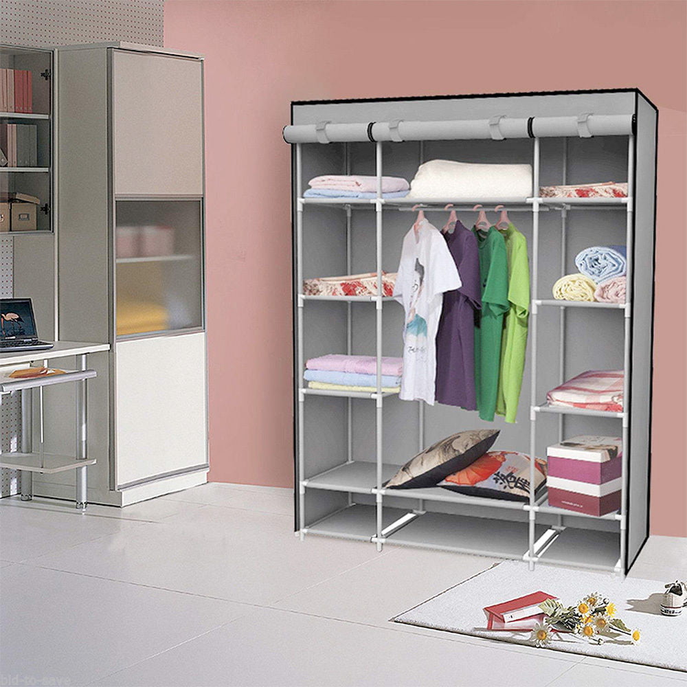 53" Gray Portable Closet Storage Organizer Clothes Wardrobe Rack with Shelves 