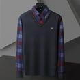 thumbnail image 2 of LNWUY Men's Solid Color Fake Two Plaid Warm Thickened Casual Knitwear Tops Long Sleeve Turndown Collar Base Shirt Blue L, 2 of 3