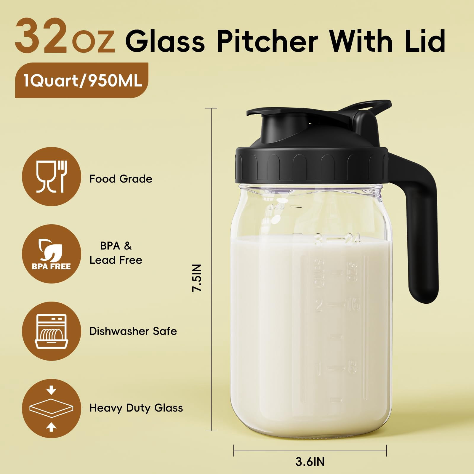 Breast Milk Pitcher - 32 Oz Glass Mason Jar With Dual Leak-proof Design  Airtight Seal Pour Spout & Handle Storage Container For Breastmilk Iced Tea Ice Drinks(black)