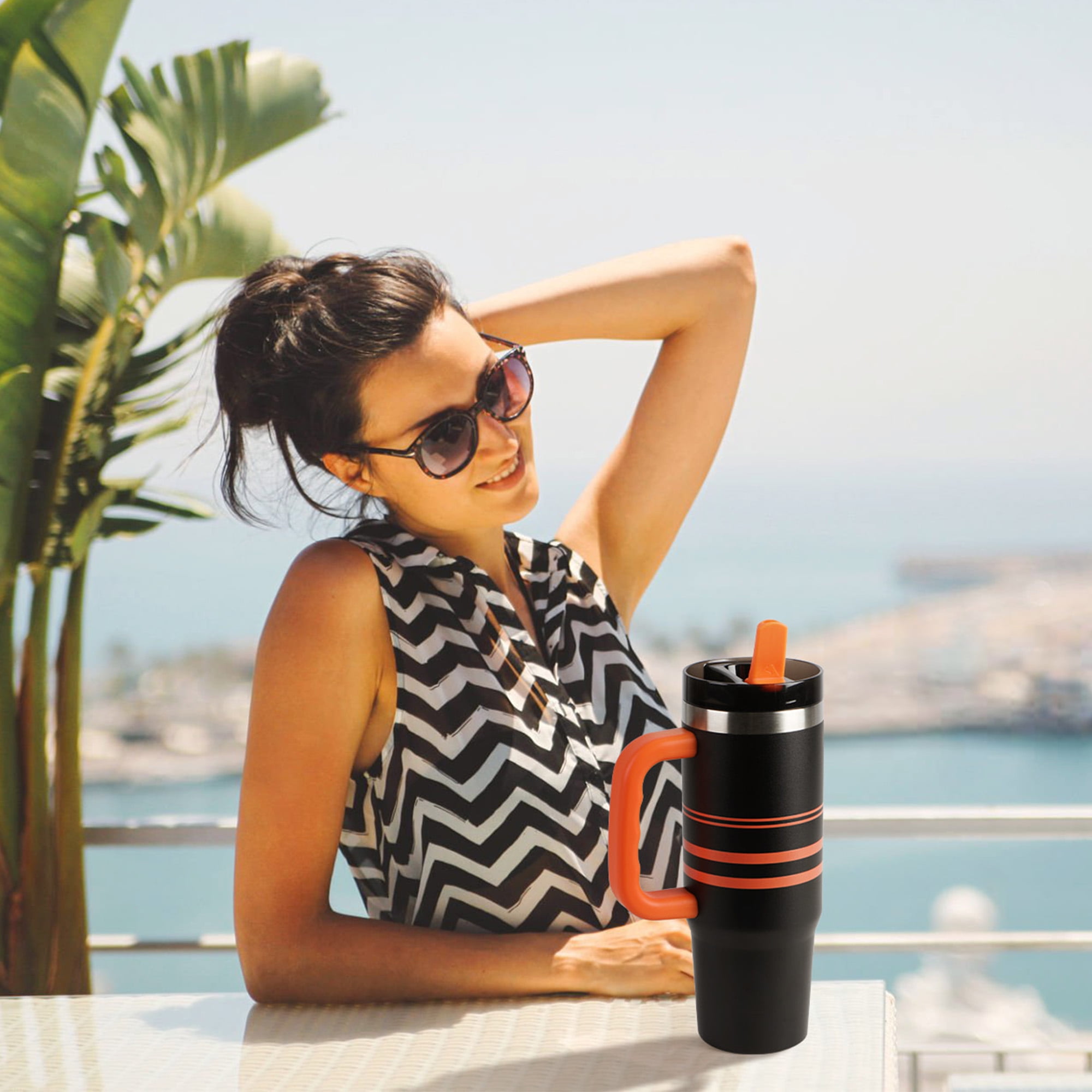 Ozark Trail 30 oz Stainless Steel Insulated Varsity Tumbler with Handle, Black and Orange Stripe