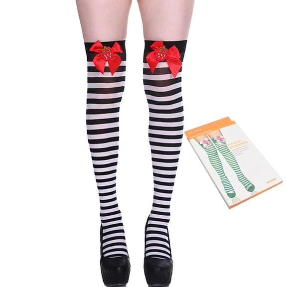Ribbed Fabric Thigh High Long Socks with Strawberry Bowknot for Women Striped Over Knee Stockings Roleplay Party Hosiery