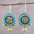 thumbnail image 4 of NOVICA Handcrafted 925 Sterling Silver Ceramic Dangle Earrings Blue Gold Circle India Sun [2 in L x 1 in W x 0.3 in D] 'Sun Catchers', 4 of 8