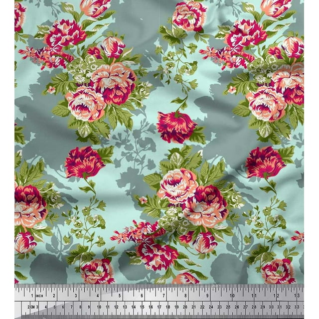 Soimoi Green Poly Georgette Fabric Leaves & Grandiflora Roses Floral Printed Craft Fabric by the Yard 42 Inch Wide