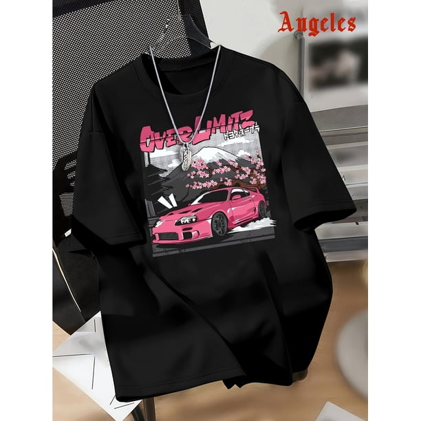 Boys' Cool Car Graphic T-Shirt - Black Short Sleeve with Pink Sports Car Design, "Over Limit" Text, Casual Cotton for Spring/Summer, Cute T Shirts
