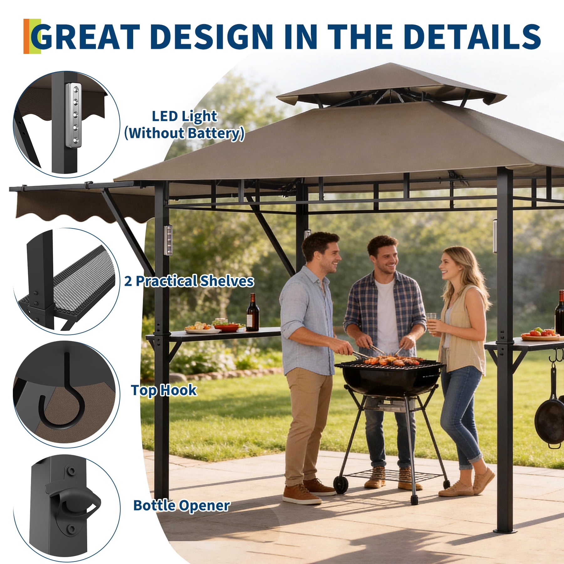 8x5 ft Grill Gazebo with Double-Tiered Roof, Heavy Duty Steel Frame BBQ Canopy with Side Shelves, LED Lights, Hooks & Bottle Opener for Backyard